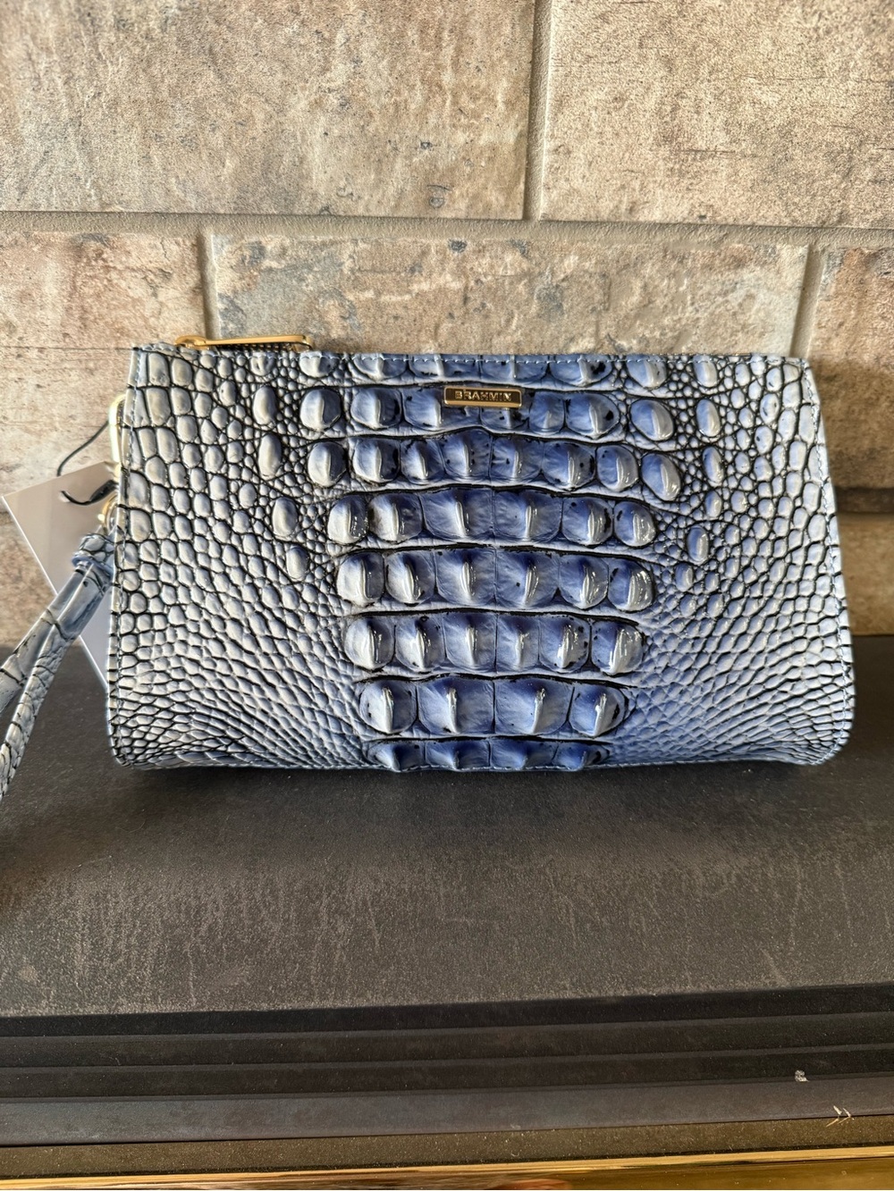 Brahmin Daisy in Bell Bottom Blue Croc-Embossed Wristlet/cosmetic pouch